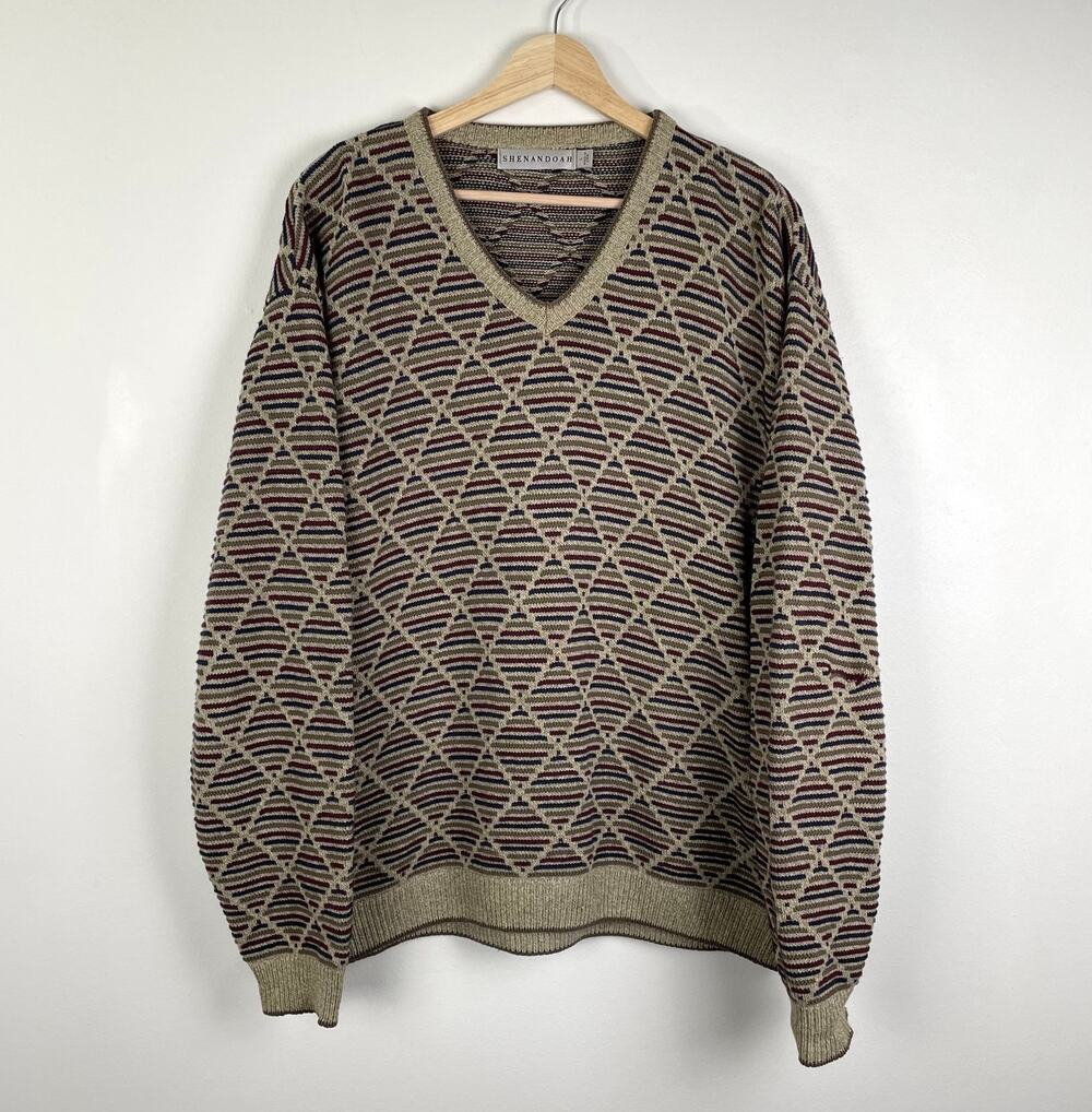 Vintage 90s 3D Textured Chunky Knit Grandpa Sweater V-Neck Retro Grunge Brown L